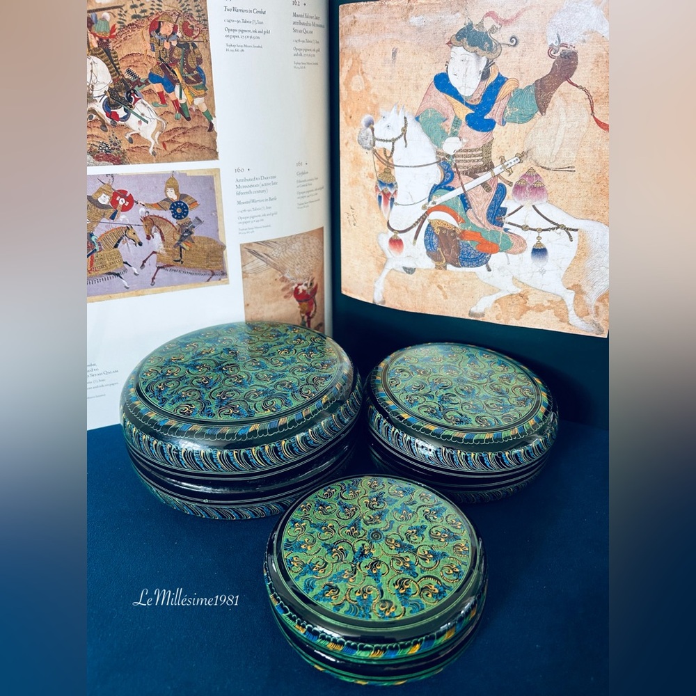 Vintage Set of 3 Asian Oriental Handmade Lacquerware Betel Kun It Boxes